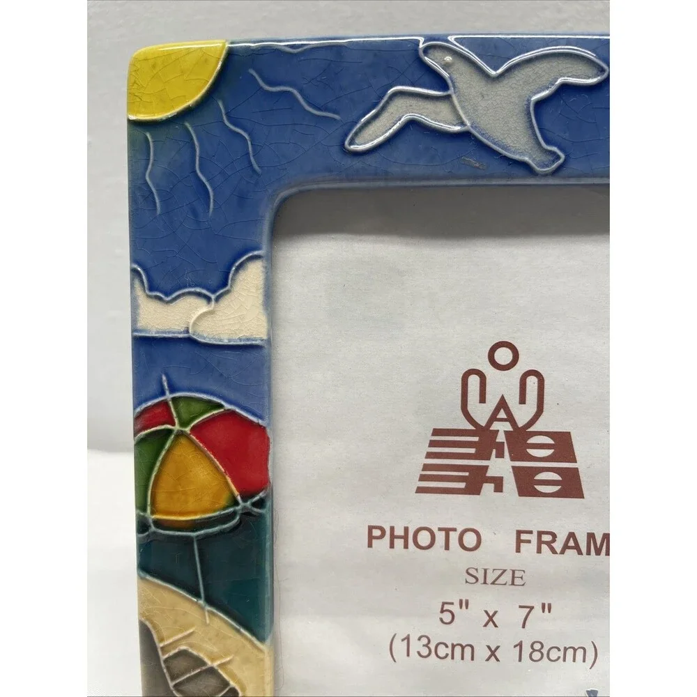 Cayman Islands Vacation Souvenir Photo Frame 5x7 Beach Palm Tree Sandcastle EUC